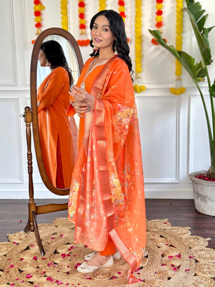 Opive Women's Orange Cotton Straight Embroidered Kurta with Pant & Dupatta - Image 5