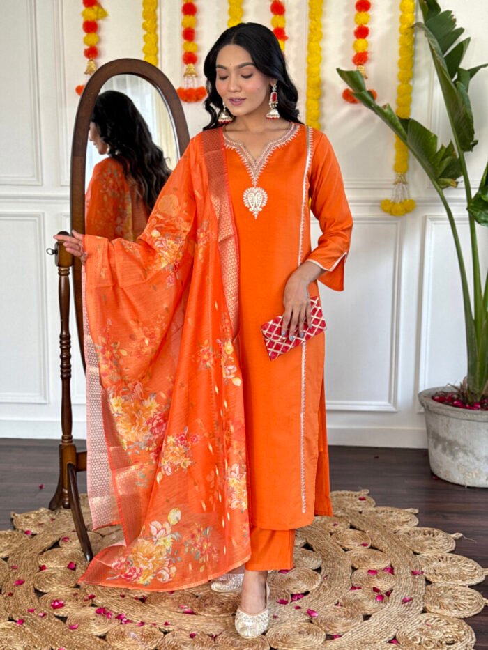 Opive Women's Orange Cotton Straight Embroidered Kurta with Pant & Dupatta - Image 2