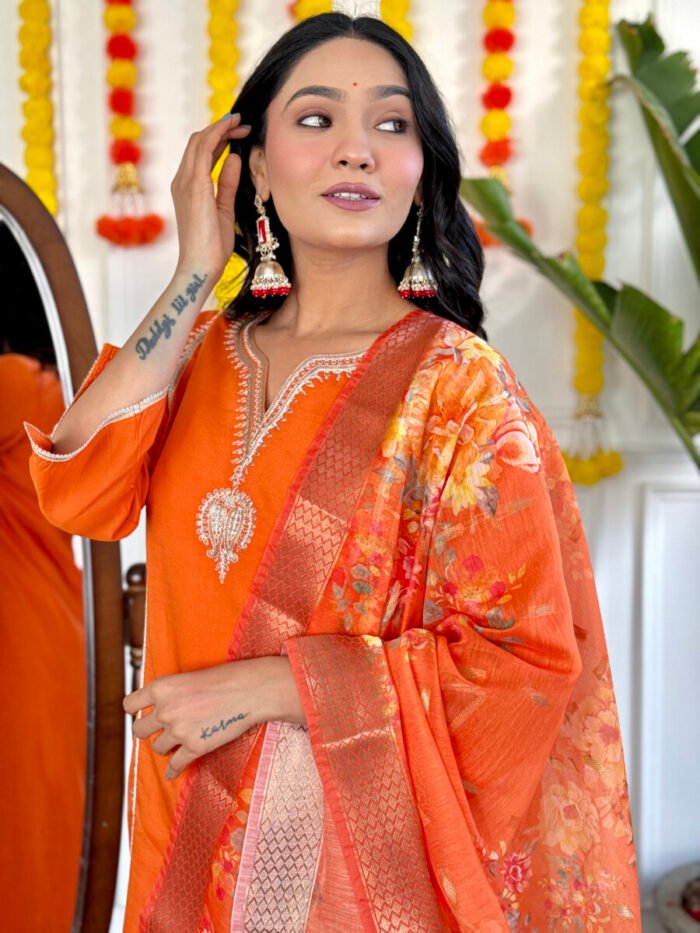 Opive Women's Orange Cotton Straight Embroidered Kurta with Pant & Dupatta - Image 3