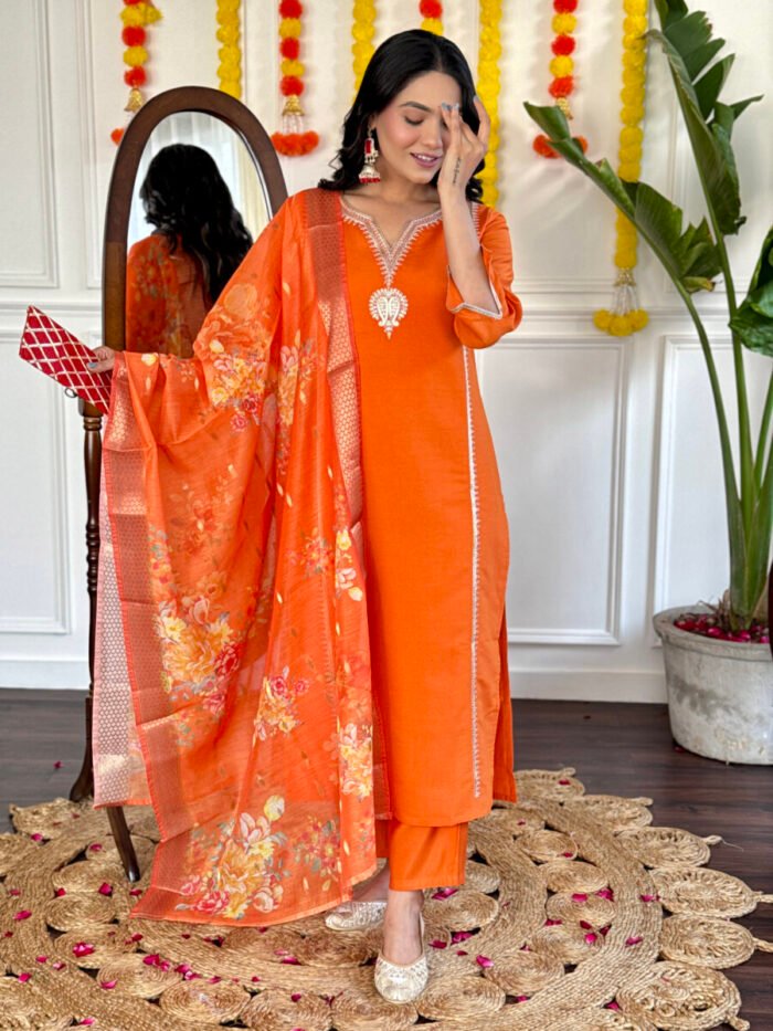 Opive Women's Orange Cotton Straight Embroidered Kurta with Pant & Dupatta - Image 4
