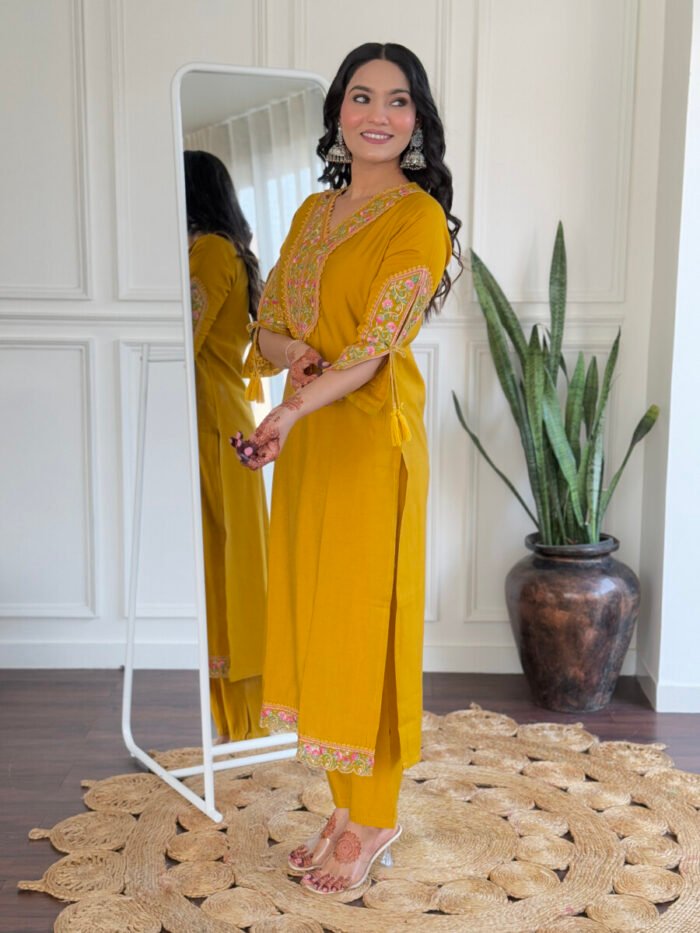 Mustard Yellow Floral Cotton Suit - Image 3