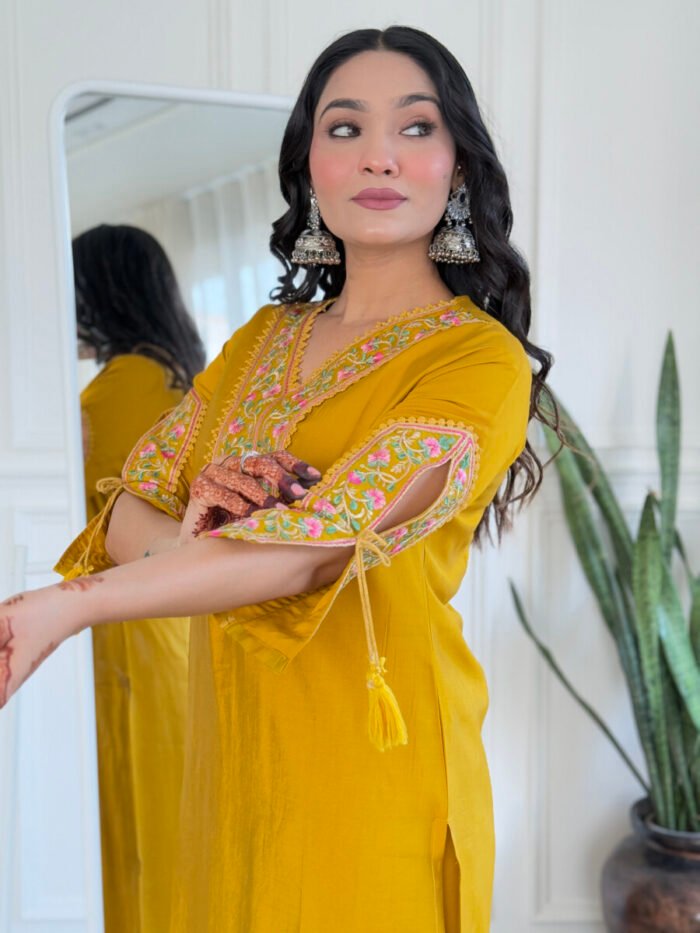 Mustard Yellow Floral Cotton Suit - Image 4