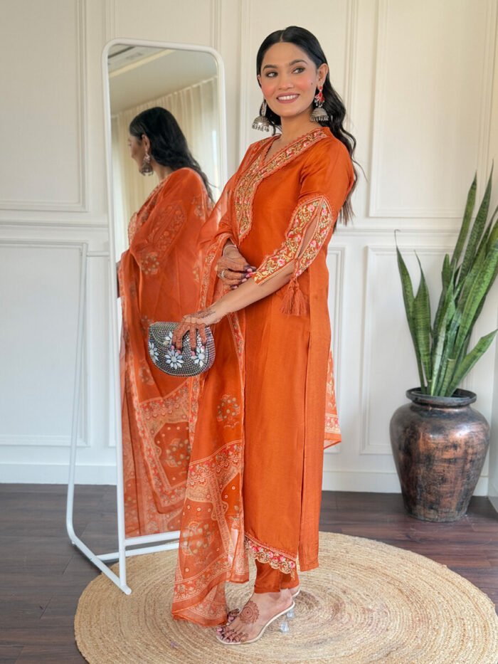 Orange Floral Cotton Suit - Image 4