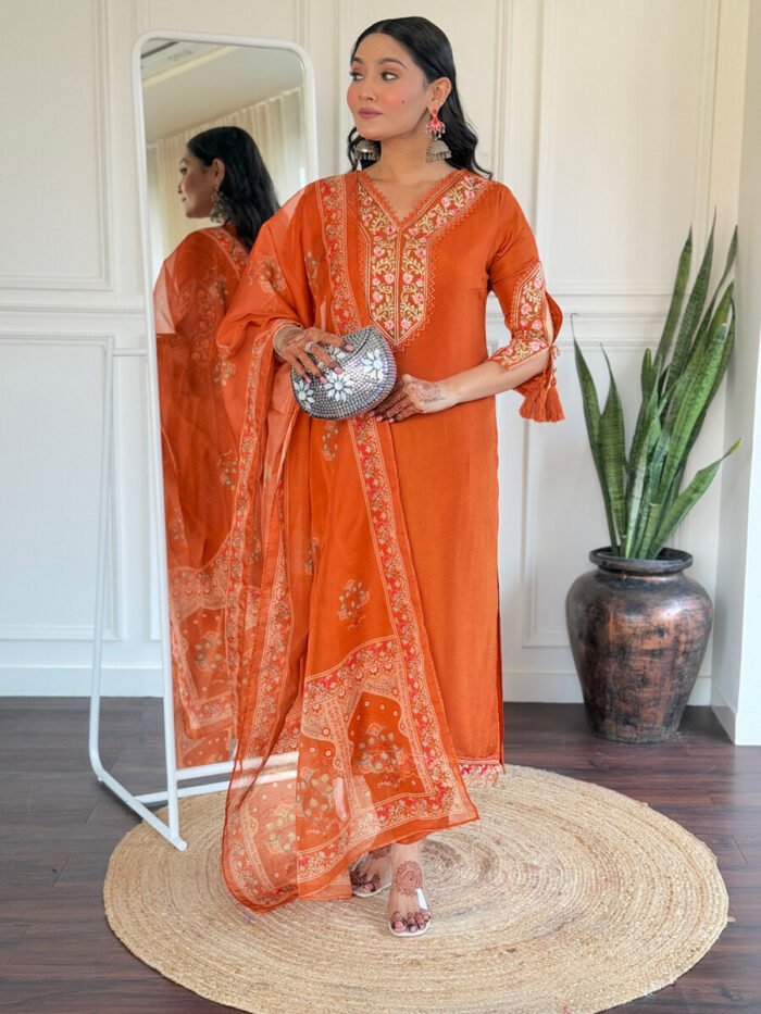 Orange Floral Cotton Suit - Image 3