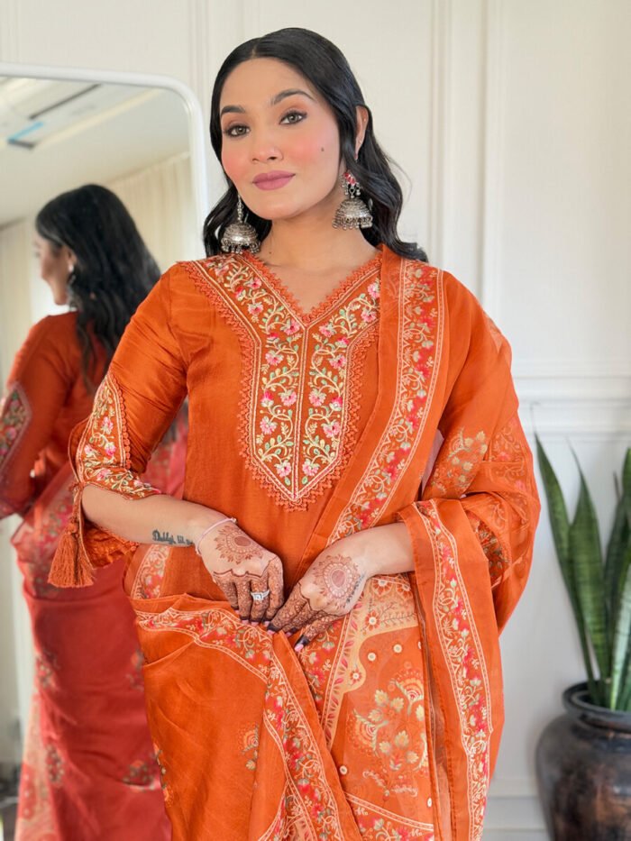 Orange Floral Cotton Suit - Image 5