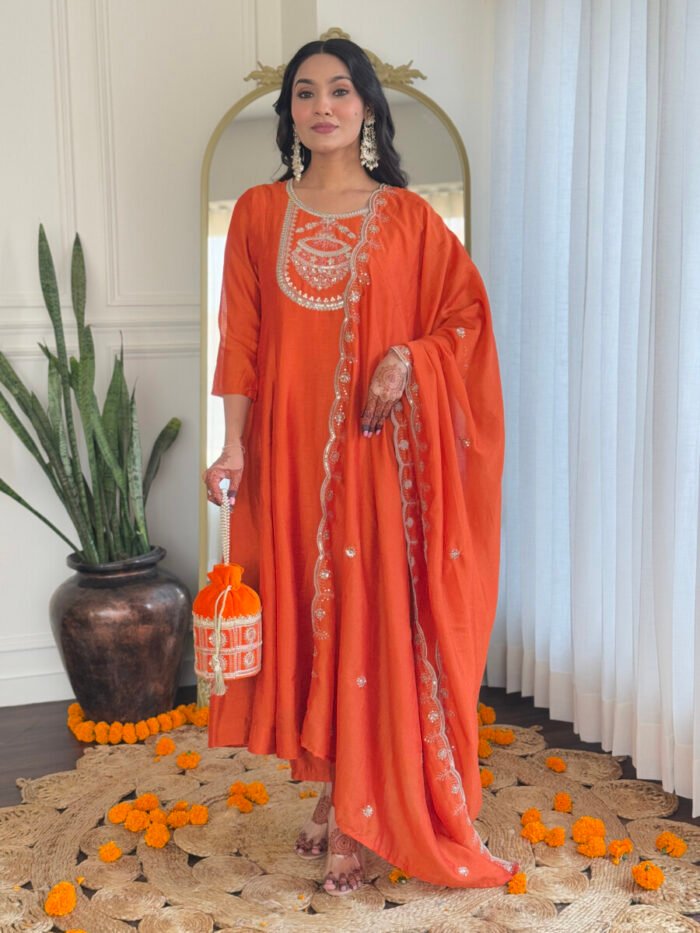 Orange Cotton Handwork A Line Festive Suit