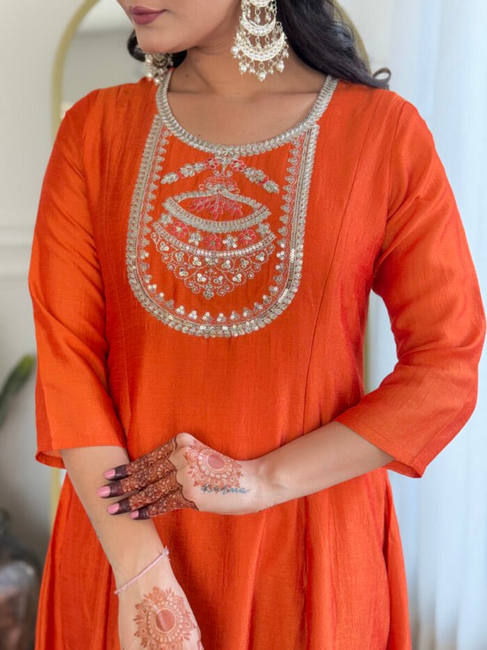 Orange Cotton Handwork A Line Festive Suit - Image 6
