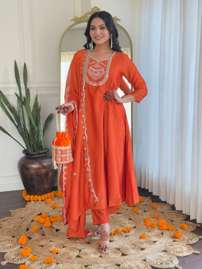 Orange Cotton Handwork A Line Festive Suit - Image 2
