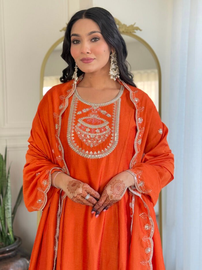 Orange Cotton Handwork A Line Festive Suit - Image 5