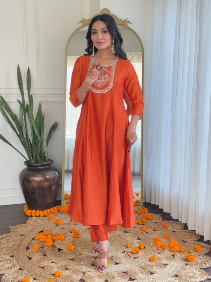 Orange Cotton Handwork A Line Festive Suit - Image 3
