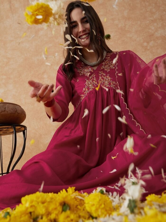 Pink A Line Printed Premium Cotton Suit - Image 2