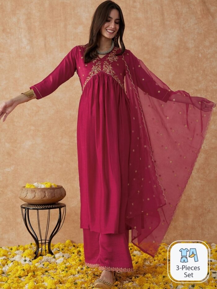 Pink A Line Printed Premium Cotton Suit