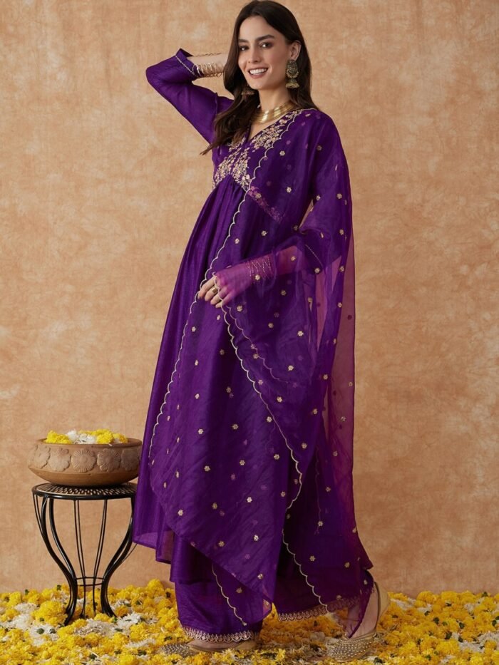 Lavender A Line Printed Premium Cotton Suit