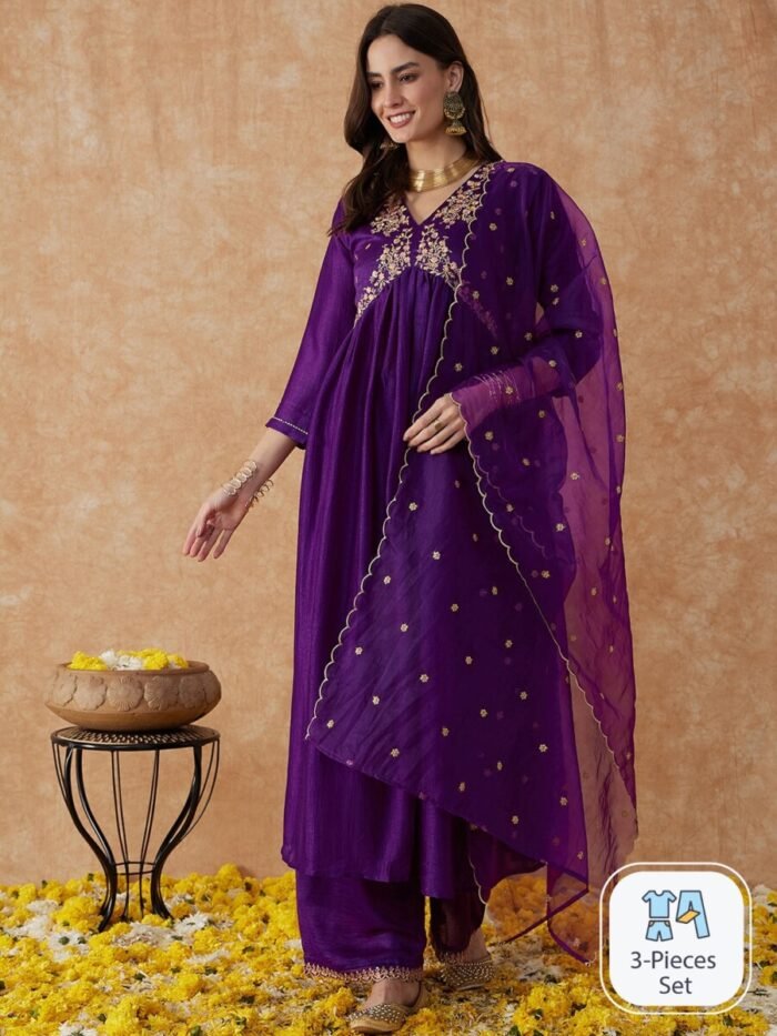 Lavender A Line Printed Premium Cotton Suit - Image 3
