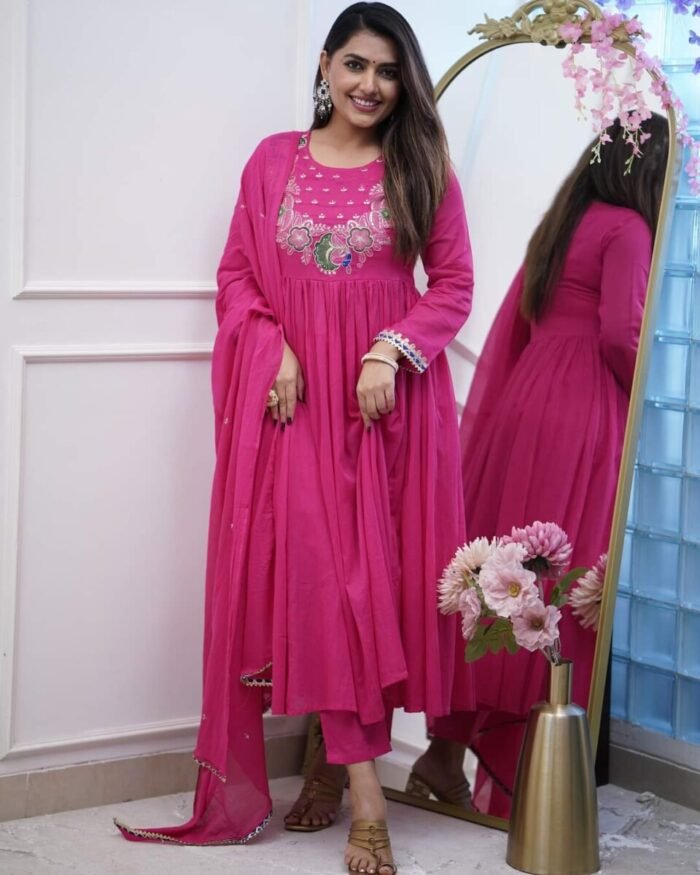 Pink Cotton Handwork A Line Festive Suit - Image 4