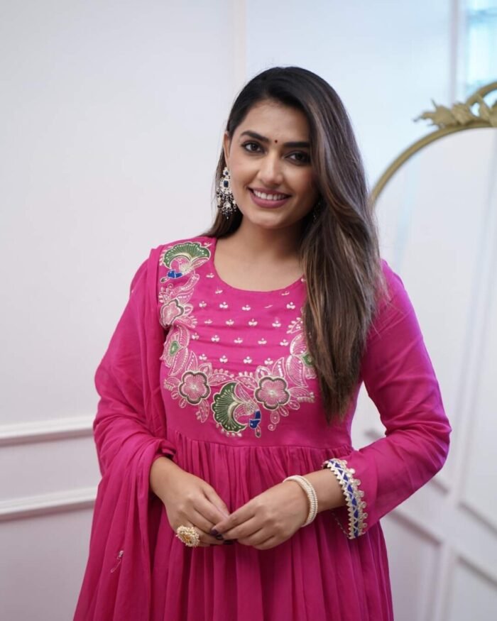 Pink Cotton Handwork A Line Festive Suit - Image 6