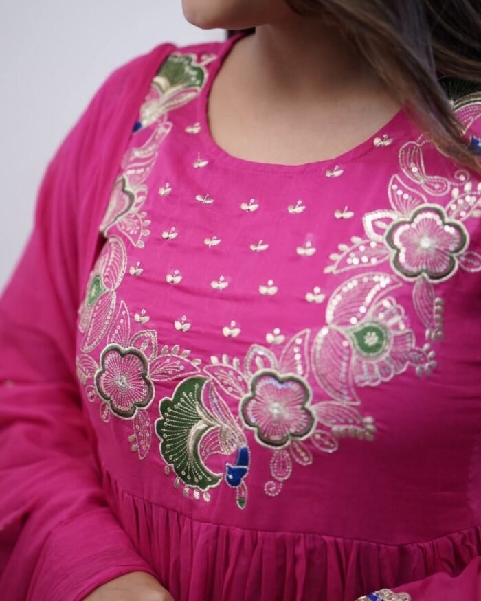 Pink Cotton Handwork A Line Festive Suit - Image 7