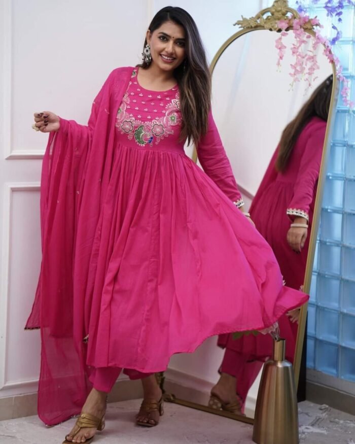 Pink Cotton Handwork A Line Festive Suit