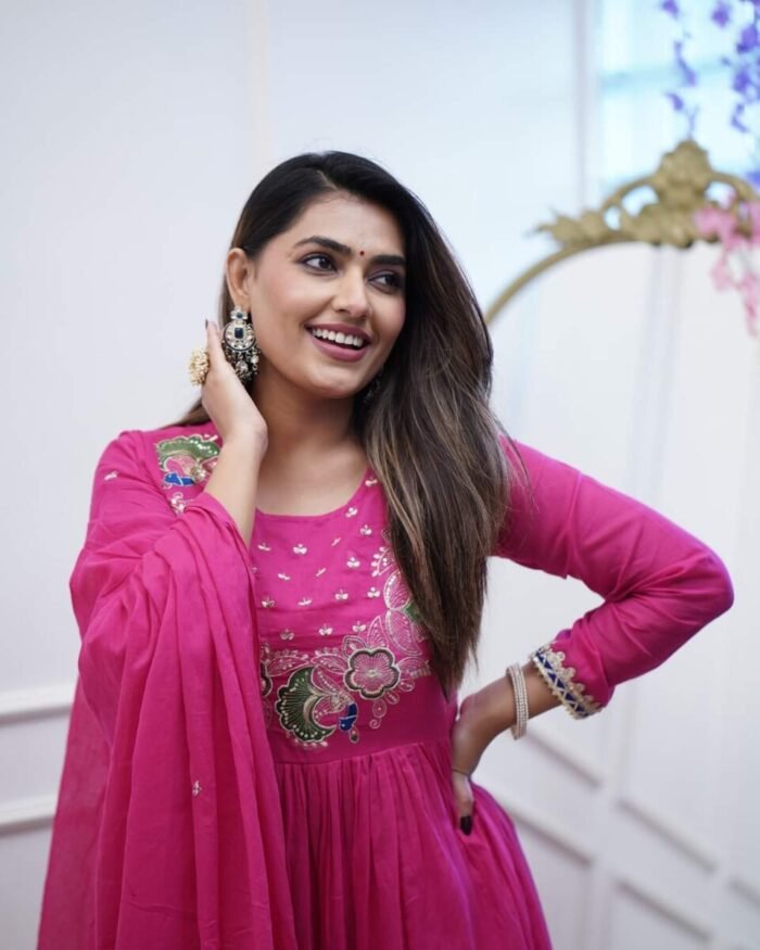 Pink Cotton Handwork A Line Festive Suit - Image 5